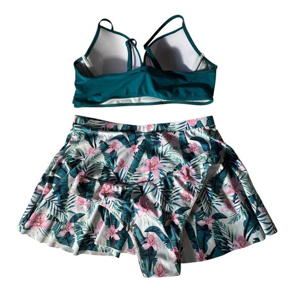 3PC Shein Swimsuit Set XL (Fits L/12-13) Floral High Waist Skirt Bottoms & Top - Picture 2 of 8